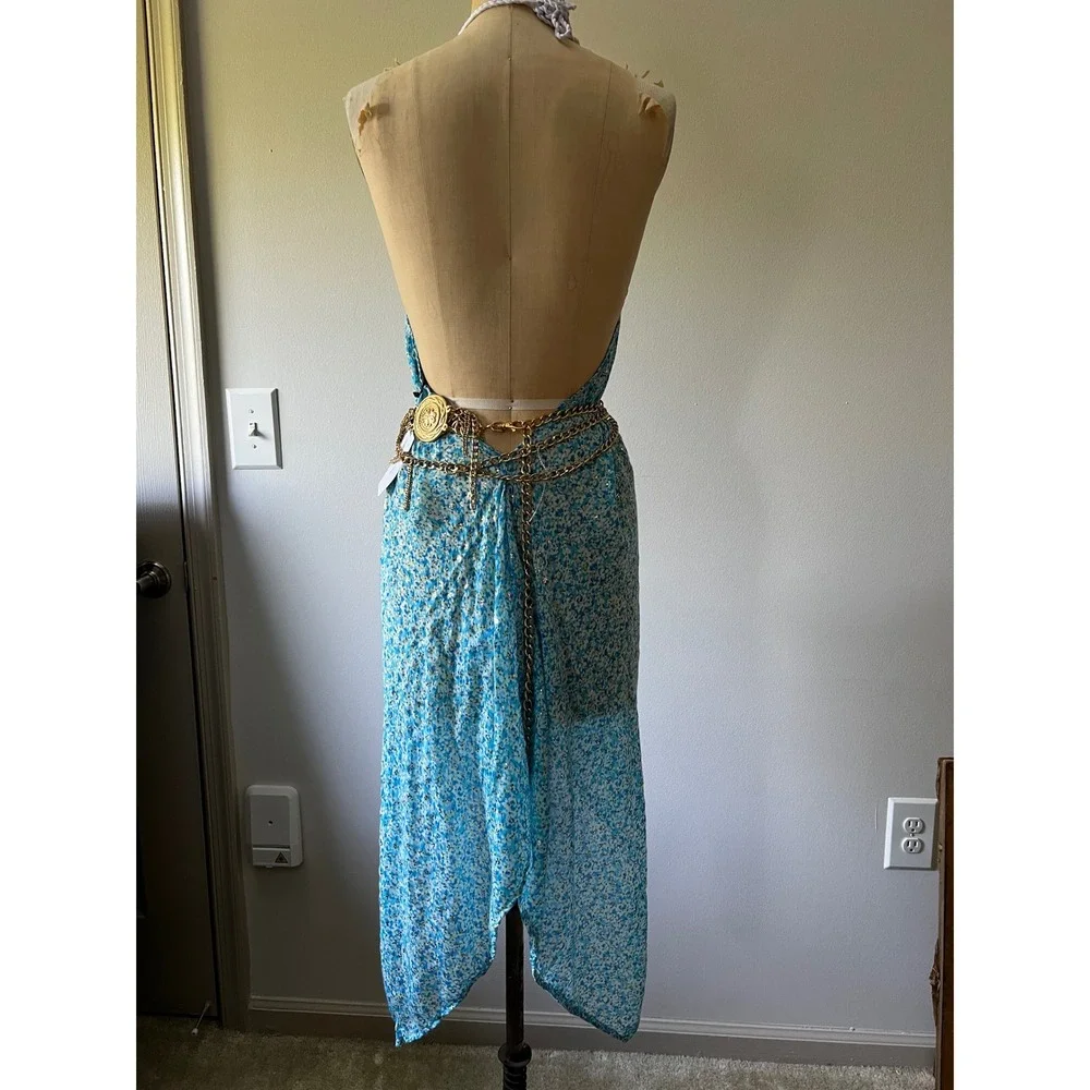 Pop St Barth Blue Floral Gold Foil Halter Cover Up Dress Euro Vacation Chic OS